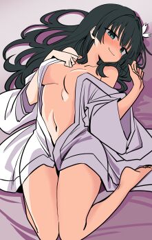 1girl absurdres barefoot bed black_hair blush breasts cleavage come_hither convenient_censoring feet green_eyes half-closed_eyes hand_on_own_chest highres large_breasts legs long_hair looking_at_viewer lying naked_shirt naughty_face no_bra saten_ruiko seductive_gaze seductive_smile shirt smile thighs toaru_kagaku_no_railgun toaru_majutsu_no_index