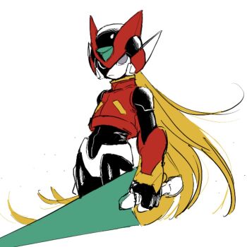 1boy android armor black_eyes blonde_hair cowboy_shot energy_sword forehead_jewel helmet highres holding holding_sword holding_weapon long_hair mega_man_(series) mega_man_zero_(series) noro_zt red_armor red_helmet simple_background solo sword weapon z_saber zero(z)_(mega_man) zero_(mega_man)