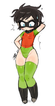 1girl arm_behind_head batrobin_k black_hair blue_eyes blush boots breasts commentary_request full_body green_thighhighs hand_on_own_hip highres korean_commentary leotard original robin_(batrobin_k) short_hair simple_background sketch small_breasts solo standing sweatdrop thighhighs thighs white_background