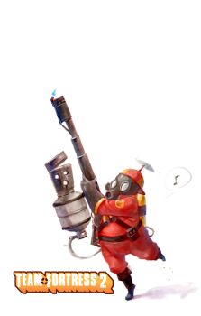 Rule 34 | 1boy, absurdres, beanie, explosive, fire, flamethrower, gas mask, hat, highres, holding flamethrower, holding weapon, male focus, mask, pyro (tf2), red pyro (tf2), running, solo, team fortress 2