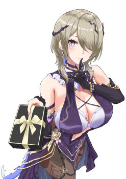 Rule 34 | 1girl, @labi1035, bare shoulders, black gloves, black pantyhose, box, bra, breasts, brown hair, cleavage, commentary request, dress, earrings, finger to mouth, gloves, highres, holding, holding box, honkai (series), honkai impact 3rd, incoming gift, jewelry, large breasts, looking at viewer, mole, mole under eye, pantyhose, purple dress, rita rossweisse, rita rossweisse (miss espionage), short hair, shushing, simple background, solo, underwear, valentine, white background, white bra