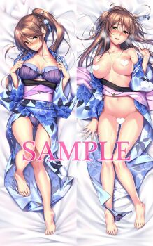 Rule 34 | 1girl, amakano ~second season~, aroused, bare legs, barefoot, bed sheet, blue kimono, blush, bra, braid, breasts, breasts apart, breath, brown eyes, brown hair, censored, censored nipples, closed mouth, collarbone, commentary request, dakimakura (medium), embarrassed, floral print, floral print kimono, hair between eyes, hair ornament, head tilt, heart, heart censor, high ponytail, highres, ichinose honami (amakano), japanese clothes, kimono, large breasts, legs, lingerie, long hair, looking at viewer, lying, navel, obi, off shoulder, official art, on back, open clothes, open kimono, open mouth, panties, panties around leg, panty pull, piromizu, ponytail, print kimono, purple bra, purple panties, pussy juice, sample watermark, sash, sheet grab, stomach, striped bra, striped clothes, striped panties, sweat, thighs, underwear, vertical-striped bra, vertical-striped clothes, vertical-striped panties, watermark, wide sleeves