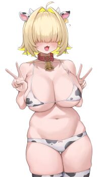 1girl :3 absurdres alternate_costume animal_ears animal_print areola_slip bell bikini blonde_hair blush breasts cleavage collar covered_eyes cow_ears cow_horns cow_print cow_print_bikini cowbell double_v ear_tag elegg_(nikke) fake_animal_ears fake_horns fang goddess_of_victory:_nikke hair_intakes highres horns huge_breasts micro_bikini neck_bell open_mouth p00nipooni print_bikini short_hair simple_background solo sweat swimsuit thigh_gap thighhighs v white_background