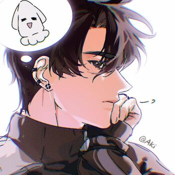 1boy akigawasou animalization black_hair black_shirt commentary curtained_hair earrings glint hand_on_own_chest head_rest high_collar jewelry kim_dokja long_sleeves male_focus multiple_earrings omniscient_reader&#039;s_viewpoint portrait shirt short_hair solo speech_bubble squid stud_earrings symbol-only_commentary thought_bubble turtleneck yoo_joonghyuk