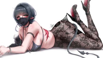 1girl alternate_costume animal_ears arched_back arm_strap ass bare_shoulders black_bra black_hair black_mask black_pantyhose black_shoes blue_eyes blush bra commentary cuffs ear_piercing english_commentary feet_up floral_print_pantyhose from_side grey_tail half-closed_eyes handcuffs high-waist_pantyhose high_heels highres hooked_on_heel jane_doe_(zenless_zone_zero) lace_pantyhose lace_pantyhose_hooked_on_heel_(meme) long_hair long_tail looking_at_viewer lying mask meme mouse_ears mouse_girl mouse_tail mouth_mask multicolored_hair on_stomach open-toe_shoes pantyhose pantyhose_tug piercing red_hair reo_no_suke see-through_pantyhose shadow sharp_tail shoes signature solo strappy_heels tail the_pose underwear white_background zenless_zone_zero