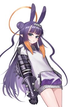 1girl absurdres adapted_costume alternate_costume black_gauntlets blunt_bangs chrispy_tuna commentary diamond_hairband double_bun english_commentary familiar gauntlets gradient_hair grey_eyes grey_hairband hair_bun hairband halo halo_behind_head highres hololive hololive_english hood hood_down hoodie long_hair looking_at_viewer mole mole_under_eye multicolored_hair ninomae_ina'nis ninomae_ina'nis_(ina_the_hero) no_pants official_alternate_hairstyle orange_hair orange_halo parted_lips pointy_ears purple_hair sidelocks simple_background single_gauntlet solo takodachi_(ninomae_ina'nis) tentacle_hair very_long_hair virtual_youtuber white_background white_hoodie