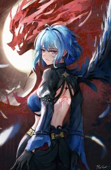 Rule 34 | 1girl, absurdres, artist name, back tattoo, black gloves, black jacket, black shorts, blue bra, bra, breasts, closed mouth, commentary, cowboy shot, cropped jacket, earrings, english commentary, from behind, galbrena (wuthering waves), gloves, grey hair, highres, jacket, jewelry, looking at viewer, looking back, medium breasts, medium hair, mole, mole on neck, morted art, purple eyes, shorts, sidelocks, solo, tacet mark (wuthering waves), tattoo, underwear, wuthering waves