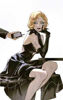 1boy 1girl absurdres bare_legs bare_shoulders black_dress black_gloves blonde_hair dress elbow_gloves gloves highres langley_(path_to_nowhere) looking_at_another mashu00417 path_to_nowhere short_hair sitting solo_focus