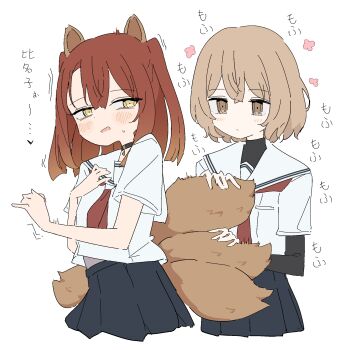 2girls animal_ears black_choker black_skirt blush brown_eyes brown_hair choker closed_mouth commentary_request fox_ears fox_girl fox_tail giryu highres kitsune kyuubi layered_sleeves long_sleeves multiple_girls multiple_tails open_mouth pleated_skirt red_hair sailor_collar school_uniform serafuku shirt short_hair short_over_long_sleeves short_sleeves simple_background skirt sweat tail tail_grab two_side_up watashi_wo_tabetai_hitodenashi white_background white_sailor_collar white_shirt yaotose_hinako yashiro_miko yellow_eyes yuri