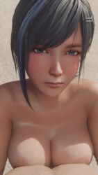 1boy 1girl 3d animated black_hair blue_eyes blue_hair breasts cleavage dead_or_alive dead_or_alive_xtreme dead_or_alive_xtreme_venus_vacation highres lazyprocrastinator looking_at_viewer looping_animation multicolored_hair nude outdoors pov breast_press reika_(doa) streaked_hair tagme thigh_sex video