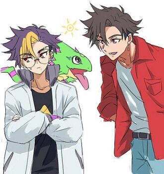 2boys animal animal_on_shoulder black_hair black_shirt blonde_hair blue_hair brothers cowboy_shot crossed_arms digimon digimon_(creature) digimon_beatbreak earrings gecko gekkomon jacket jewelry male_focus multicolored_hair multiple_boys red_shirt risyo round_eyewear shirt short_hair siblings simple_background tenma_asuka tenma_tomoro two-tone_hair white_background white_jacket white_shirt