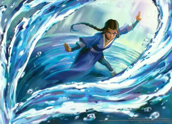 1girl avatar:_the_last_airbender avatar_legends blue_eyes blue_robe braid brown_hair cateille commentary dark-skinned_female dark_skin element_bending english_commentary fighting_stance hair_rings highres katara long_hair magic:_the_gathering official_art pendant_choker robe solo water