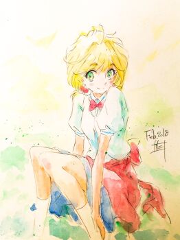 1girl blonde_hair bow bowtie closed_mouth commentary_request earrings feet_out_of_frame green_eyes highres jewelry koi_wa_ameagari_no_you_ni looking_at_viewer nii_manabu nishida_yui painting_(medium) red_bow red_bowtie shirt short_hair short_sleeves sitting smile socks solo traditional_media watercolor_(medium) white_shirt white_socks