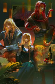 1girl 2boys absurdres alcohol armlet blonde_hair braid brothers cup dandan_27 dress drinking_glass elden_ring elden_ring:_shadow_of_the_erdtree food formal_clothes fruit glass godwyn_the_golden gold gold_diadem highres jewelry long_hair looking_at_viewer messmer_the_impaler mother_and_son multiple_boys necktie one-eyed one_eye_closed phonograph plant queen queen_marika_the_eternal red_hair red_snake ring siblings slit_pupils snake snake_on_shoulder suit wine yellow_eyes