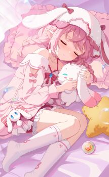 1girl absurdres animal_ears animal_hat bare_shoulders bed_sheet blush braid closed_eyes closed_mouth collarbone commentary_request daer_maodou_(roco_kingdom:_world) dress fake_animal_ears frilled_pillow frills hat highres hugging_object kneehighs long_hair long_sleeves lying no_shoes off_shoulder on_side pillow pink_hair pointy_ears puffy_long_sleeves puffy_sleeves rabbit_ears rabbit_hat roco_kingdom roco_kingdom:_world shirt skirt sleeping smile socks solo stuffed_animal stuffed_rabbit stuffed_toy twin_braids twintails white_socks xiongji_z_z xueying_wawa_clothes_(roco_kingdom:_world)