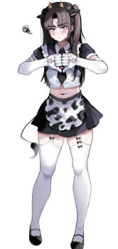 1boy absurdres animal_ears animal_print apron ayase_ayato_(imamiya_pinoko) black_hair blush cow_ears cow_horns cow_print cow_tail crossdressing crossdressing_(mtf) elbow_gloves fake_animal_ears fake_horns full_body garter_straps gloves highres horns imamiya_pinoko long_hair maid male_maid midriff original puffy_short_sleeves puffy_sleeves purple_eyes short_sleeves solo squiggle stomach sweat tail thick_eyebrows thighhighs trap twintails waist_apron white_background white_gloves white_thighhighs