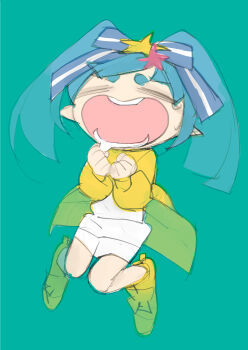1girl blue_hair bow clenched_hands closed_eyes crying green_background hair_ornament hair_ribbon highres hoshikawa_lily jacket long_hair long_sleeves open_mouth ribbon shirt shoes simple_background solo star_(symbol) star_hair_ornament streaming_tears tears twintails umezawa_michiko white_shirt yellow_jacket yellow_shoes zombie_land_saga