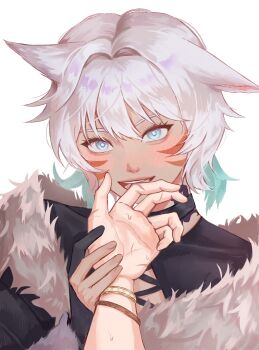 1girl 1other absurdres animal_ears archon_mark black_choker black_dress black_gloves blue_eyes blush bracelet bright_pupils cat_ears cat_girl choker commentary_request dark-skinned_female dark_skin dress facial_mark feather_hair_ornament feathers final_fantasy final_fantasy_xiv fur-trimmed_dress fur_trim gloves grey_hair hair_ornament highres holding_another's_wrist jewelry korean_commentary looking_at_viewer m4toy4 miqo'te multiple_scars neck_tattoo nervous_sweating open_mouth partially_fingerless_gloves portrait pov pov_hands scar scar_on_hand short_hair simple_background single_glove smile sweat tattoo whisker_markings white_background y'shtola_rhul