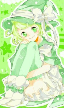 1girl boots bow cape character_request closed_mouth commentary_request copyright_request dress footwear_bow frilled_dress frills full_body green_background green_bow green_cape green_eyes green_hair green_hat green_nails green_theme green_thighhighs hand_on_own_knee hat hat_bow hat_ribbon highres hugging_own_legs knees_up looking_at_viewer nail_polish ribbon ryokuno_green short_hair sitting smile solo star_(symbol) swept_bangs thighhighs white_boots white_bow white_dress white_ribbon witch_hat