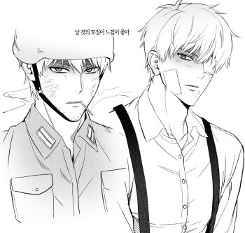 1boy bandage_on_cheek beard_stubble cigarette collared_shirt dirty dirty_face eyepatch facial_hair greyscale hair_between_eyes helmet highres korean_text looking_at_viewer male_focus medical_eyepatch military_uniform monochrome multiple_views parted_lips shaded_face shirt smoke smoking solo spy_x_family stubble suspenders twilight_(spy_x_family) white_background white_shirt yslloq