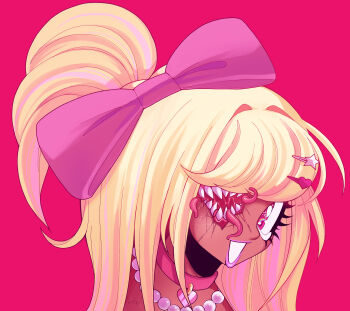 1girl absurdres blonde_hair bow collar commentary commission dark-skinned_female dark_skin dreamalgia english_commentary ganguro gyaru gyaru_makeup hair_bow hair_intakes hair_ornament hairclip heart heart_hair_ornament highres hime_gyaru jewelry lipstick long_hair makeup manba_gyaru monster_girl necklace one_side_up original overdrawn_eyeliner pearl_necklace sharp_teeth smile solo star_(symbol) star_hair_ornament tan teeth