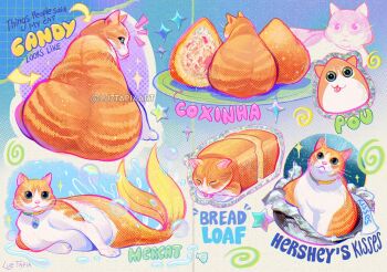 Rule 34 | artist name, bread, cat, english text, fins, fish tail, food, green eyes, loaf of bread, luztapiaart, no humans, orange fur, original, tail, two-tone fur, watermark, white fur
