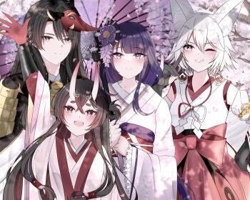 1boy 3girls animal_ear_fluff animal_ears arm_up armor bird_boy black_hair blunt_bangs blush cherry_blossoms chiyo_(genshin_impact) closed_mouth commentary dappled_sunlight detached_sleeves fan_hair_ornament fox_ears fox_girl genshin_impact gradient_horns hair_between_eyes hair_ornament head_tilt highres holding holding_umbrella horns japanese_armor japanese_clothes kimono kitsune_saiguu light_smile long_hair long_sleeves looking_at_viewer makoto_(genshin_impact) marutaro mask mask_on_head multicolored_horns multiple_girls oil-paper_umbrella one_eye_closed open_mouth outdoors pink_kimono purple_eyes purple_hair red_eyes red_hair red_mask sasayuri_(genshin_impact) shade short_hair standing sunlight tree tree_shade umbrella upper_body waving white_hair wide_sleeves yellow_eyes