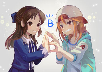 2girls absurdres backwards_hat blue_jacket blue_shirt bow brown_eyes brown_hair commentary_request grey_background grin hair_between_eyes hair_bow hand_gesture_duo hat highres idolmaster idolmaster_cinderella_girls idolmaster_cinderella_girls_starlight_stage jacket long_hair long_sleeves mine101 multiple_girls shirt smile tachibana_arisu white_shirt yuuki_haru