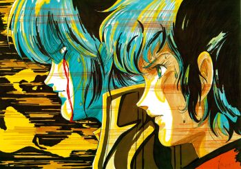1980s_(style) 1boy 1girl alien blood blue_eyes blue_hair bob_cut choujikuu_yousai_macross couple dated fire giant giantess hetero highres injury lips macross marker_(medium) markers meltrandi mikimoto_haruhiko moruk_lap_lamiz non-web_source old_school oldschool quamzin_kravshera retro_artstyle science_fiction serious short_hair sideburns spoilers sweat traditional_media zentradi