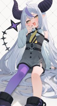 1girl :d ahoge ascot bare_shoulders black_boots black_dress black_nails blush boots braid commission demon_horns detached_sleeves dress fang grey_hair hand_up highres hololive horns la+_darknesss la+_darknesss_(1st_costume) long_hair long_sleeves looking_at_viewer multicolored_hair nail_polish o-ring open_mouth pointy_ears purple_hair purple_thighhighs single_leg_pantyhose single_thighhigh sitting skeb_commission smile smug solo streaked_hair striped_horns tail thighhighs tofu1601 very_long_hair virtual_youtuber yellow_ascot yellow_eyes