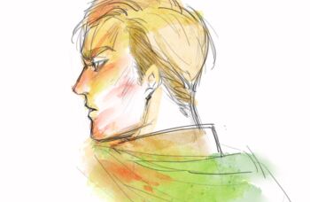 Rule 34 | 1boy, blood, blood on clothes, blood on face, cape, chiyocolate123, collared shirt, commentary request, erwin smith, from side, green cape, male focus, parted lips, profile, shingeki no kyojin, shirt, short sideburns, sideburns, simple background, sketch, solo, white background