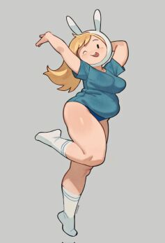 1girl adventure_time adventure_time:_fionna_and_cake animal_hood arm_behind_head arms_up big_belly blonde_hair blue_shirt breasts curvy fionna_campbell full_body gatoasti genderswap genderswap_(mtf) grey_background highres hood leg_up looking_at_viewer one_eye_closed open_mouth rabbit_hood shirt simple_background smile socks twitter_username underwear