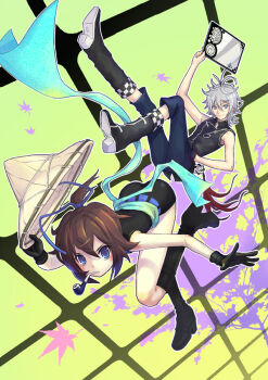 1boy 1girl blue_eyes blush boots brown_hair eat eat0123 gloves grey_eyes hat leaf leaning_forward leg_lift original smoking_pipe sash short_hair silver_hair sleeveless topknot