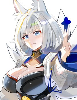 1girl animal_ears azur_lane blue_eyes blush breasts cleavage commentary_request eyeshadow fox_ears fox_girl fox_tail frown hand_up holding holding_paper_airplane japanese_clothes kaga_(azur_lane) kimono kitsune kuriyafu large_breasts long_sleeves looking_at_viewer makeup medium_hair multiple_tails paper_airplane red_eyeshadow sakura_empire_(emblem) serious solo tail upper_body white_hair white_kimono wide_sleeves