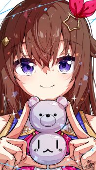 1girl absurdres blue_vest brown_hair closed_mouth commentary hair_ornament highres hololive long_hair looking_at_viewer purple_eyes smile solo star_(symbol) star_hair_ornament tokino_sora tokino_sora_(1st_costume) u_da_desu very_long_hair vest virtual_youtuber