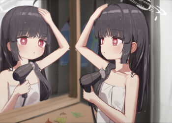 1girl absurdres black_hair blue_archive commentary grey_halo hair_dryer halo highres leaf long_hair miyu_(blue_archive) naked_towel nyune red_eyes reflection towel
