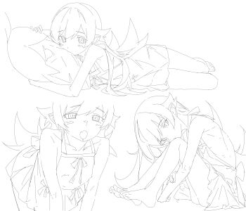 1girl absurdres all_fours apron back_bow bare_arms bare_legs barefoot blush_stickers bow bow_apron collarbone drooling fang feet flipped_hair from_side full_body hair_flaps half-closed_eyes hand_on_own_arm hands_under_legs head_on_knees head_on_pillow highres knees_to_chest leaning_forward legs_together long_hair lying monogatari_(series) mouth_drool multiple_views on_side open_mouth oshino_shinobu pillow pillow_grab pointy_ears ringed_eyes shishirui_san simple_background sitting skirt toes upper_body very_long_hair waist_bow white_background