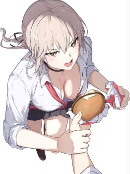 1girl artoria_pendragon_(fate) black_jacket black_ribbon black_skirt blonde_hair breasts burger choker cleavage collared_shirt fate/grand_order fate_(series) food hair_ribbon jacket long_hair long_sleeves looking_at_viewer low_ponytail medium_breasts natu_zame ponytail ribbon saber_alter shirt sidelocks skirt solo_focus white_shirt yellow_eyes