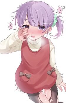 arm_at_side black_pantyhose blush cum cum_on_body cum_on_legs dress facing_viewer green_scrunchie hair_ornament hair_scrunchie hand_up heart highres long_sleeves looking_to_the_side manaka_non manaka_non_(normal) moe_nayo open_mouth pantyhose pretty_series pripara purple_hair raised_eyebrows red_dress saliva scrunchie shirt_under_dress short_dress short_hair side_ponytail sound_effects speech_bubble spoken_heart straight_hair sweat sweater thigh_gap torn_clothes torn_pantyhose trembling twitter_username white_sweater