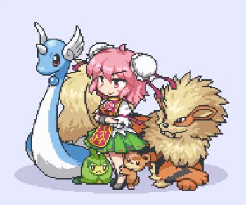 Rule 34 | 1girl, animal, arcanine, blue background, character name, double bun, dragonair, full body, gen 1 pokemon, gen 2 pokemon, gen 5 pokemon, hair bun, ibaraki kasen, kumamoto (bbtonhk2), lowres, nintendo, pink eyes, pink hair, pixel art, pokemon, pokemon (creature), smile, solo, swadloon, teddiursa, touhou