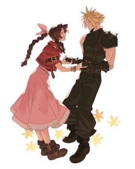1boy 1girl aerith_gainsborough arm_belt armor baggy_pants bandaged_arm bandages belt black_boots black_pants black_shirt blonde_hair boots bracelet braid braided_ponytail brown_belt brown_boots brown_gloves closed_eyes closed_mouth cloud_strife commission couple cropped_jacket dress earrings final_fantasy final_fantasy_vii final_fantasy_vii_remake flower full_body gloves gold_bangle hair_ribbon hetero highres holding_hands jacket jewelry leaning_forward light_blush long_dress looking_at_another multiple_belts multiple_bracelets napsskai pants parted_bangs pauldrons pink_dress pink_ribbon red_jacket ribbed_shirt ribbon shirt short_hair shoulder_armor sidelocks silver_bangle single_bare_shoulder single_braid single_earring single_pauldron sleeveless sleeveless_turtleneck smile spiked_hair suspenders turtleneck white_background yellow_flower