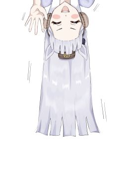 1girl ^_^ absurdres animal_ears artist_request blush bow brown_hat closed_eyes earmuffs forehead gold_ship_(umamusume) grey_hair hair_bow hanging happy hat headgear highres horse_ears horse_girl long_hair motion_lines school_uniform simple_background smile teeth tracen_school_uniform umamusume upper_teeth_only upside-down waving white_background