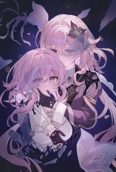 2girls absurdres borii breasts buttons dual_persona earrings evernight_(honkai:_star_rail) evey_(honkai:_star_rail) flower gloves hair_between_eyes hair_flower hair_intakes hair_ornament hairclip hashtag-only_commentary highres honkai:_star_rail honkai_(series) jewelry large_breasts long_hair long_sleeves march_7th_(honkai:_star_rail) march_7th_(preservation)_(honkai:_star_rail) multicolored_eyes multiple_girls parallel_hairclips pink_hair red_eyes shards shirt single_earring sleeve_cuffs star_(sky) two-tone_eyes very_long_hair