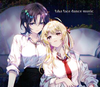 Rule 34 | 2girls, absurdres, black hair, black pants, blonde hair, blue eyes, collared shirt, fortissimo, grey jacket, hair ornament, highres, hiodoshi ao, hololive, hololive dev is, jacket, medium hair, multiple girls, musical note, musical note hair ornament, necktie, one side up, otonose kanade, pants, red eyes, red necktie, shirt, sowon, virtual youtuber, white shirt, wolf cut