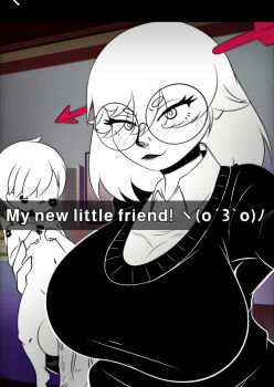 1boy 1girl arrow_(projectile) arrow_in_body artist_request black_lips colored_skin glasses huge_penis older_female_and_younger_male penis shirt shota size_difference source_request white_eyes white_hair white_shirt white_skin