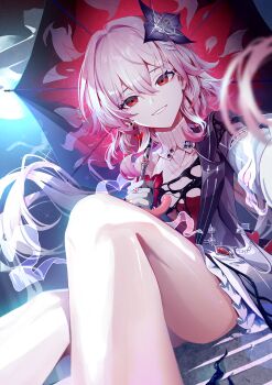 Rule 34 | 1girl, absurdres, asymmetrical dress, black dress, black gloves, breasts, commentary, dress, evernight (honkai: star rail), flower, gloves, hair flower, hair ornament, hairclip, highres, holding, holding umbrella, honkai: star rail, honkai (series), jelmul, knee up, long hair, looking at viewer, march 7th (honkai: star rail), medium breasts, parallel hairclips, parted lips, pink hair, purple flower, red eyes, red umbrella, sitting, smile, solo, thighs, umbrella, very long hair