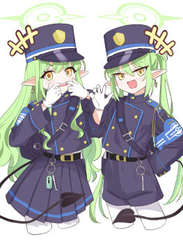 1girl 2girls armband black_tail blue_archive blue_armband commentary demon_tail fang gloves green_hair green_halo halo hat hikari_(blue_archive) long_hair long_sleeves looking_at_viewer making_faces multiple_girls nozomi_(blue_archive) open_mouth pantyhose peaked_cap pleated_skirt pointy_ears shorts siblings simple_background sisters skirt tail tobimatsu_mutsutarou twins twintails white_background white_gloves white_pantyhose yellow_eyes