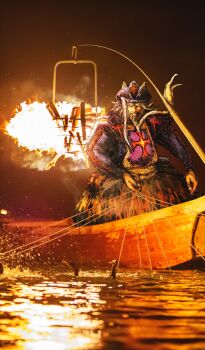 1boy beard bird boat christopher_columbus_(fate) commentary_request cormorant embers facial_hair fate/grand_order fate_(series) fire game_cg hat holding long_beard long_sleeves male_focus moto_murabito night official_art old old_man on_boat outdoors photo_background solo standing third-party_source water watercraft white_hair