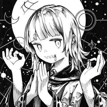1girl closed_mouth dotted_line extra_arms greyscale gyan_mudra hands_up kilsturgeon looking_at_viewer medium_hair monochrome mudra nizimine_kakoi palms_together poncho radio_antenna sailor_collar solo star_(sky) starry_sky_background upper_body utau zipper_pull_tab