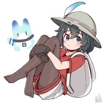 1girl backpack bag black_gloves black_hair black_pantyhose blue_eyes blush closed_mouth commentary_request feathers full_body gloves grey_hat hair_between_eyes hat highres kaban_(kemono_friends) kemono_friends legs_up looking_at_viewer lucky_beast_(kemono_friends) no_shoes pantyhose pantyhose_under_shorts rakugakiraid red_shirt shirt short_hair short_sleeves shorts signature simple_background sitting white_background white_shorts